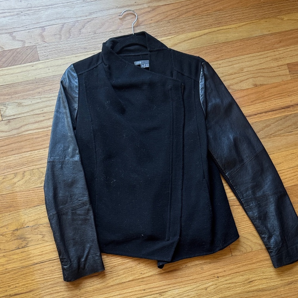 Vince Black Wool Jacket with Leather Sleeves